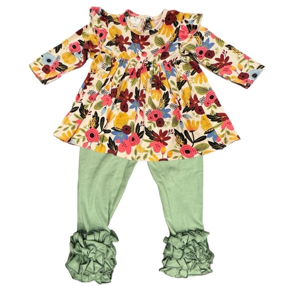 NWOT Kenzie’s Corner Boutique Size 18M Floral Dress & Green Icing Ruffle Pants